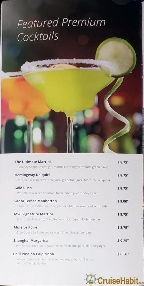 msc yacht club bar menu